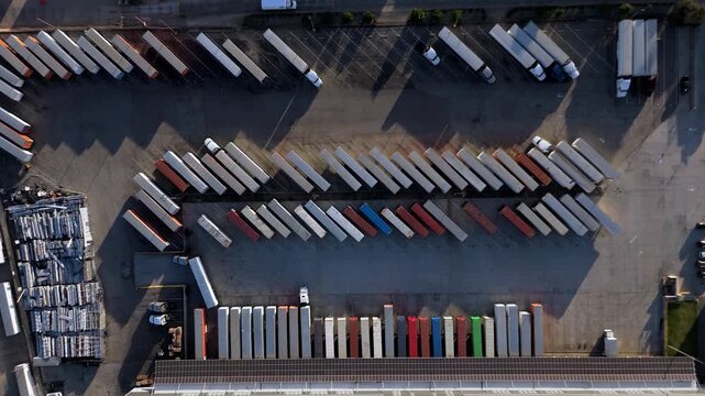 Aerial top down view of truck trailers at logistics yard
