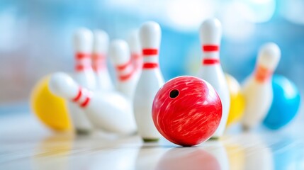 Naklejka premium Red Bowling Ball Positioned on Smooth Surface Ready to Strike Down Pins