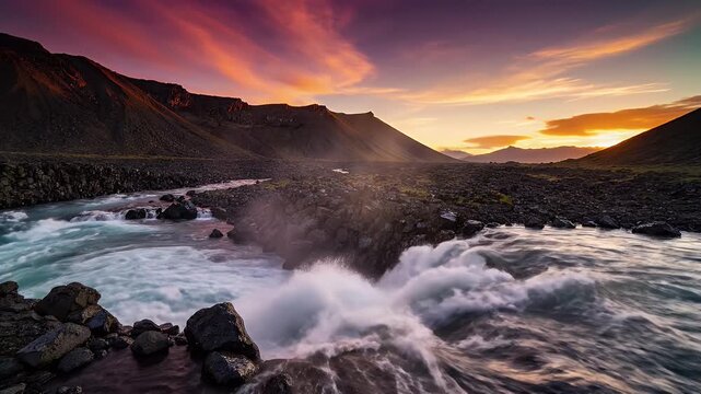 Dramatic Sunset Over Rugged Coastal Cliffs with Crashing Rocky Waves