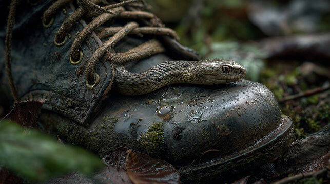 Dangerous snake hiding inside a shoe.