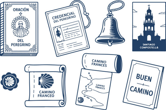 Pilgrim credential and objects for camino de santiago.