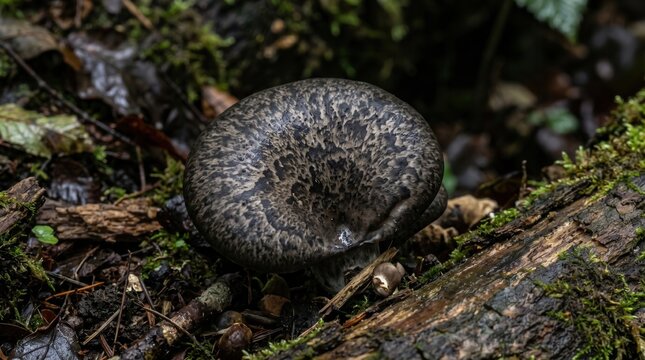 This image features a dark brown mushroom, likely Panellus stipticus, growing on decomposing wood in a forested area, indicating its natural habitat and ecological role.