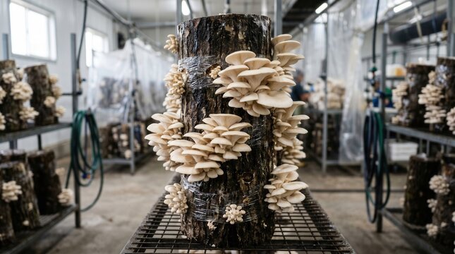 Pleurotus ostreatus, commonly known as oyster mushrooms, are seen growing on wooden logs in a controlled environment setup, showcasing commercial mushroom cultivation practices.