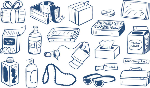 cereal box, gift box, tissues, bread, snacks, lotion, and grocery list.