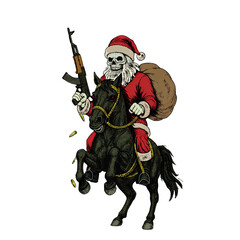 Obraz premium Dark skeleton santa riding black horse holding rifle illustration