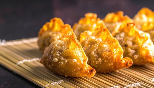 Crispy Fried Savory Taro Root Dumplings with a Soft Starchy Interior Served on a Bamboo Mat