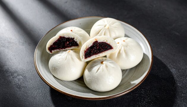Fluffy white baozi buns with rich red bean paste filling, a delicious steamed Asian dessert served on a textured plate.