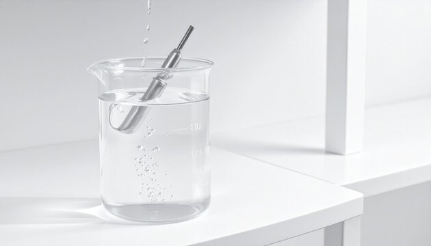 Gleaming platinum electrode submerged in clear electrolyte solution within a laboratory beaker for scientific research and testing