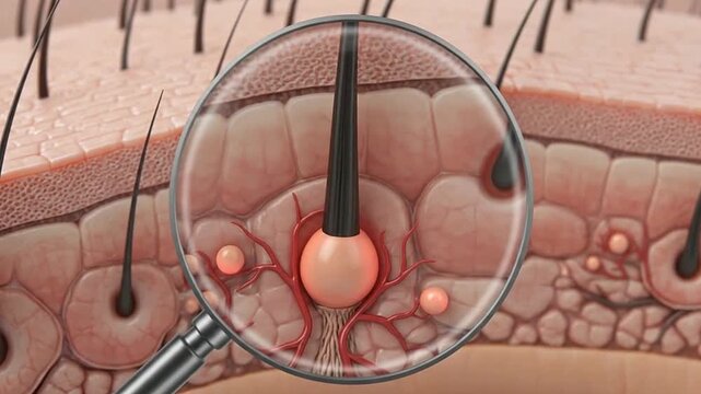 Detailed microscopic view of human skin layers with hair follicles and magnifying glass