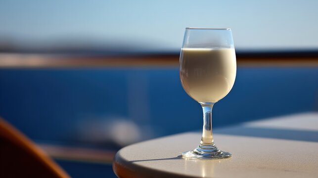 ouzo. Glass of milky ouzo on a Mediterranean balcony table in soft light. bar promotions, beverage menus, designed for food & beverage menus and cafe branding, used by travel agents.