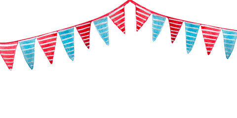 Obraz premium Watercolor Bunting Flags Garland in Red and Blue Isolated on White for birthday invitations, party decorations, greeting cards, banners, kids design, festive posters, and celebration templates. 