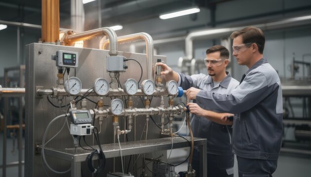 Medium shot capturing instrumentation checks at a factory acceptance testing station focusing on gauges and sensors as specialists validate equipment functionality under hot water