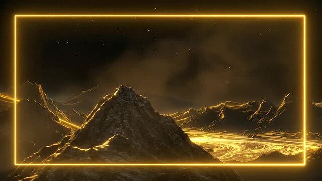 A glowing golden frame surrounds a landscape of mountains and a starry night sky