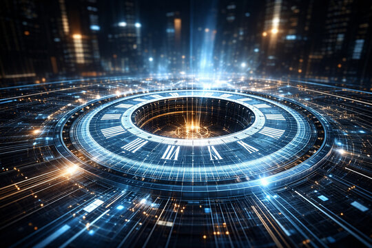 AI generated futuristic digital clock platform with glowing data ring and time interface cyber technology concept with network connections and advanced computing background