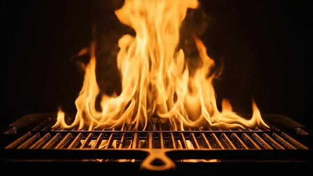 A close-up shot of a barbecue grill with flames burning brightly in the darkness
