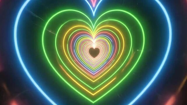 Colorful neon heart tunnel with vibrant lights and a dark background for design purposes
