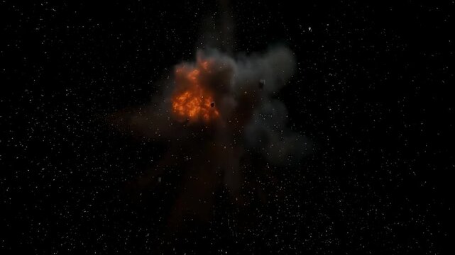 A bright, explosive fiery burst illuminates the darkness, scattering debris outward. The image is full of sparks