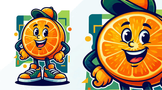Cartoon style orange slice character wearing a backwards cap and sneakers with arms akimbo standing against a colorful block background