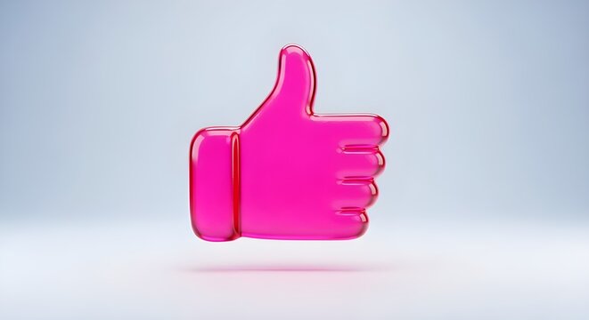 This image features a vibrant pink, glass-textured thumbs-up icon centered against a soft, gradient grey and white background.