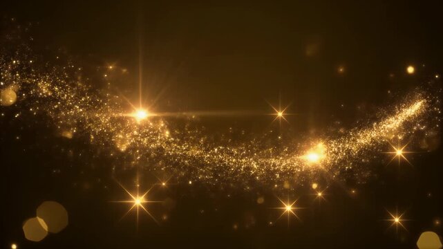 A celestial stream of golden particles arcs across a dark gradient background, punctuated by bright bokeh