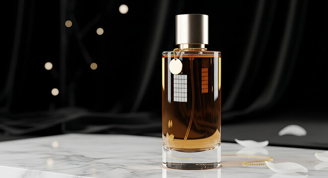 Elegant perfume bottle with gold accents on a marble surface with soft lighting