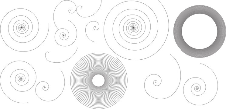 Collection of black and white spiral shapes and circles