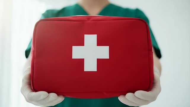 Medical professional wearing green scrubs and white gloves presents a red first aid kit with a white cross symbol, emphasizing health, safety, and emergency care preparedness.