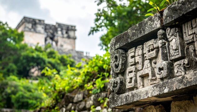 Intricately carved Mayan stone lintel with glyphs at an ancient temple, overgrown with jungle foliage