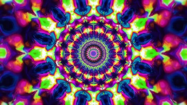 A kaleidoscopic, symmetric, and vibrant circular pattern bursts with vivid hues of blues, yellows, oranges, and greens