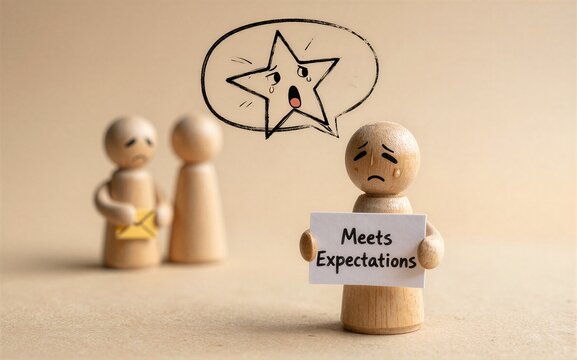 Wooden figure holds "Meets Expectations" sign sad face star thought