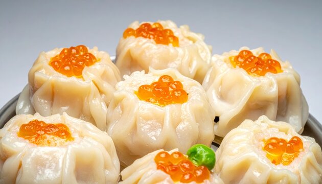 Siu Mai Open-Topped Dumplings with Vibrant Orange Roe Garnishes