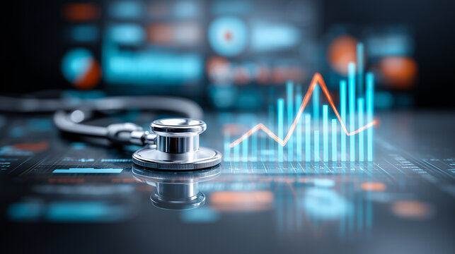 A stethoscope beside medical charts and analytics to represent healthcare monitoring, clinical performance, and data driven diagnosis.

