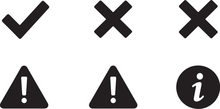 Vector icons set of symbols, check, warning signs, error and information marks, black and white illustration