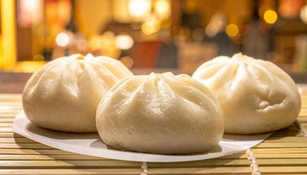 Three Fluffy Steamed Pork Buns in a Trio Arrangement, Presented on a Bamboo Mat