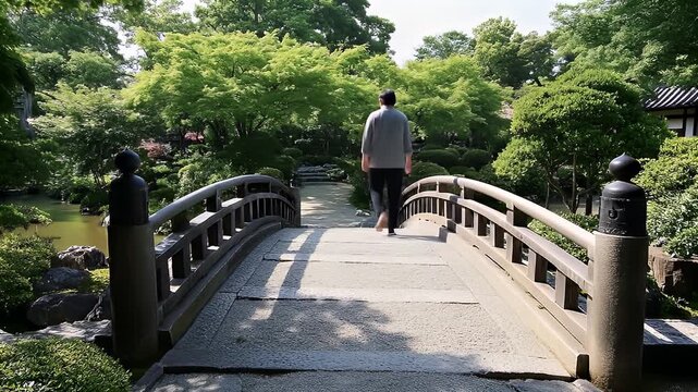 A person walks across a curved stone bridge within a lush, Japanese-style garden. Green foliage surrounds the pathway