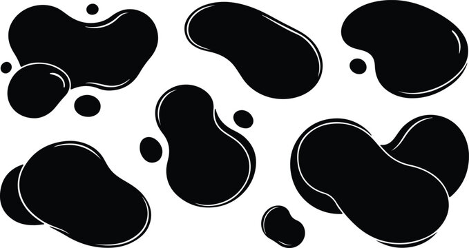 Black fluid organic shapes and abstract liquid blobs, offering smooth curved elements and simple isolated ink drops for dynamic flat graphic design.