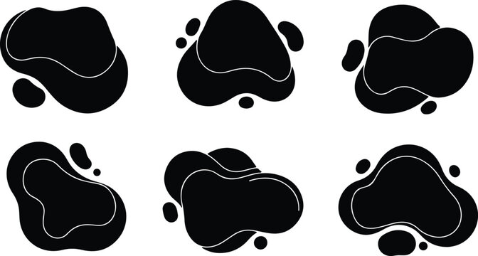 Black fluid organic shapes and abstract liquid blobs with smooth outlines, perfect as modern isolated graphic design elements for simple flat minimal backgrounds.