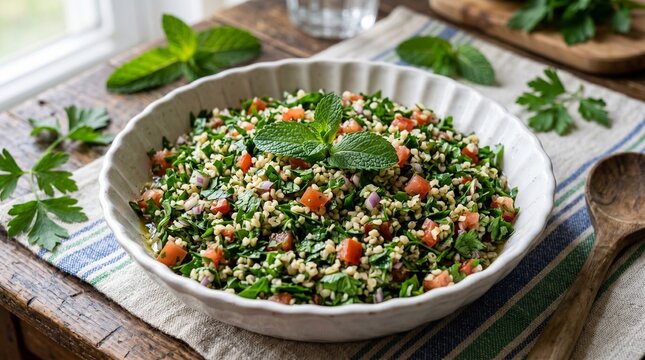 Fresh Mediterranean Tabouli salad with parsley, bulgur, mint and tomatoes in a white bowl.