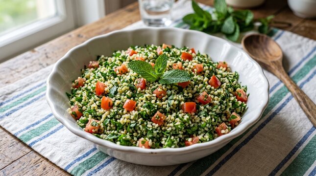 Fresh Mediterranean Tabouli salad with parsley, bulgur, mint and tomatoes in a white bowl.
