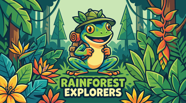 Cheerful cartoon frog explorer with backpack and hat in lush rainforest setting illustration for adventure and wildlife concepts