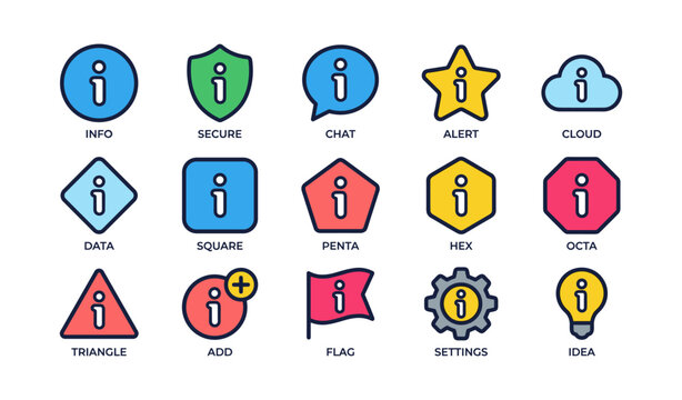 Colorful information and settings icons set with various geometric shapes