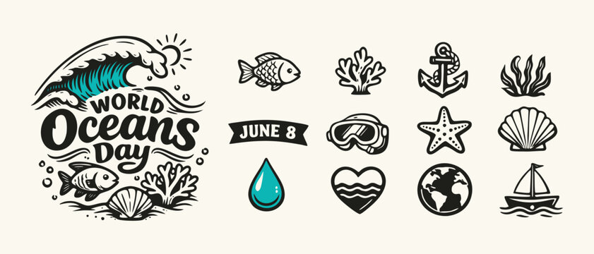 World Oceans Day Nautical Icon Set and Emblem