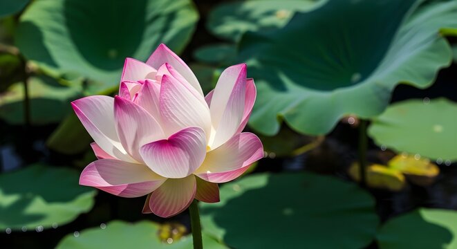 Elegant Pink-Tipped White Lotus Flower Blooming Under Bright Sunlight