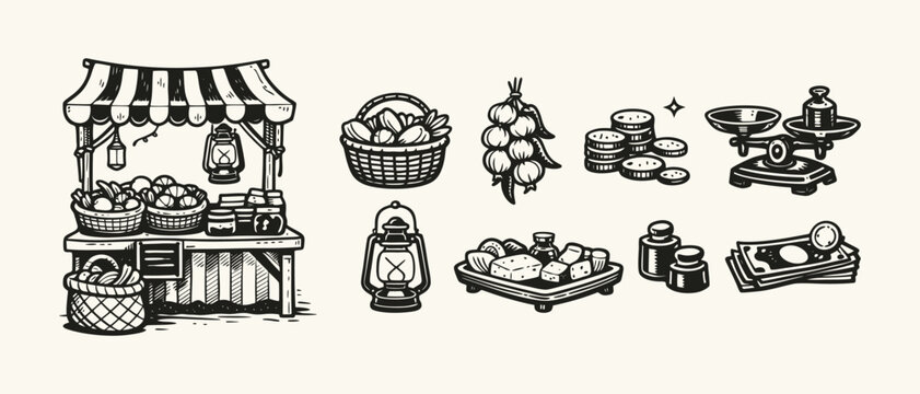 Retro Market Stall and Commerce Icon Set