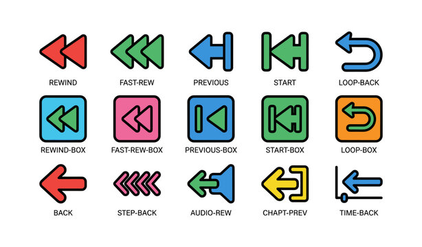 Colorful navigation icons: rewind, fast-forward, start, loop-back in bold outlined style