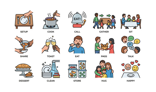 Colorful icon set depicting family meals and dining etiquette activities