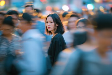Fototapeta premium Southeast Asian woman feeling overwhelmed in a bustling city crowd, deep focus portrait with bokeh lights
