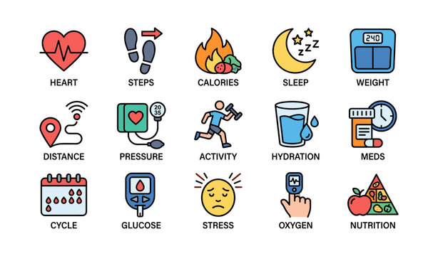 Health and fitness icons set: heart, steps, calories, sleep, weight, distance, pressure