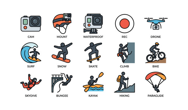 Adventure sports icons: surfing, climbing, paragliding, biking, skydiving