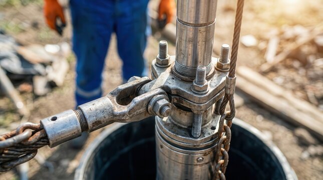 Well drilling and installation process: A submersible water pump is carefully lowered into a deep borehole with its metal pipe system and secure wire rope.